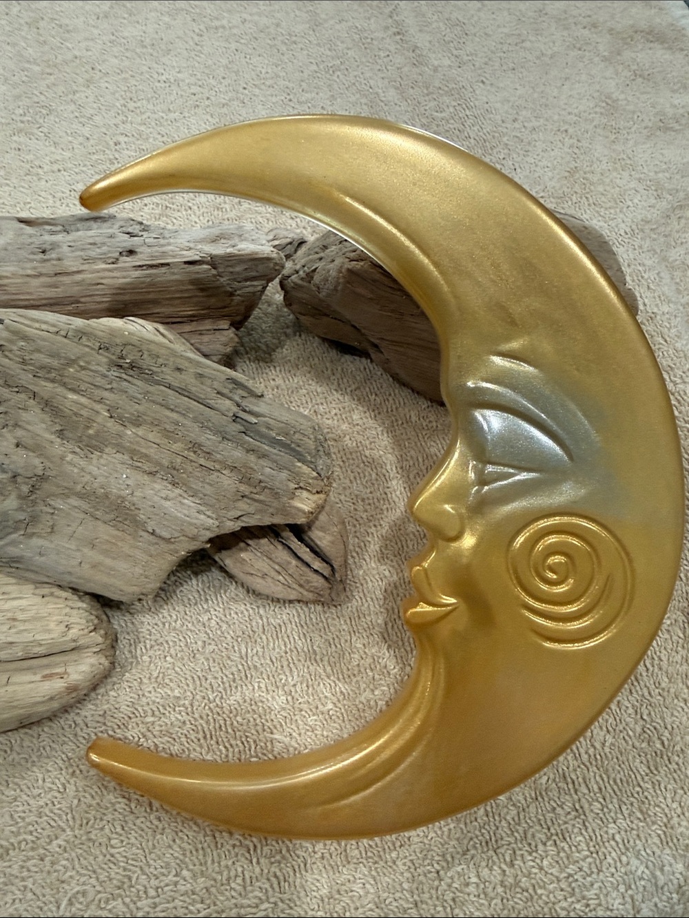 Gold Crescent Moon Wall Sculpture with Stylized Face